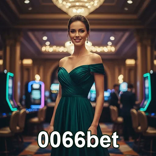 Jogadora elegante em cassino da 0066bet com máquinas ao fundo.