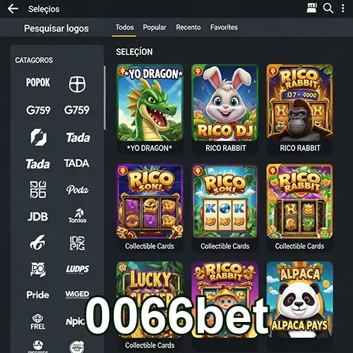 Tela de seleção de slots populares na 0066bet.